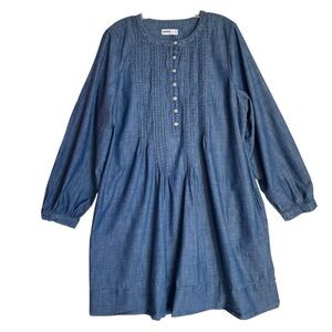 Sonoma Henley Long Sleeve Pintuck Mini Dress XL Blue Chambray Boho Grunge Tunic